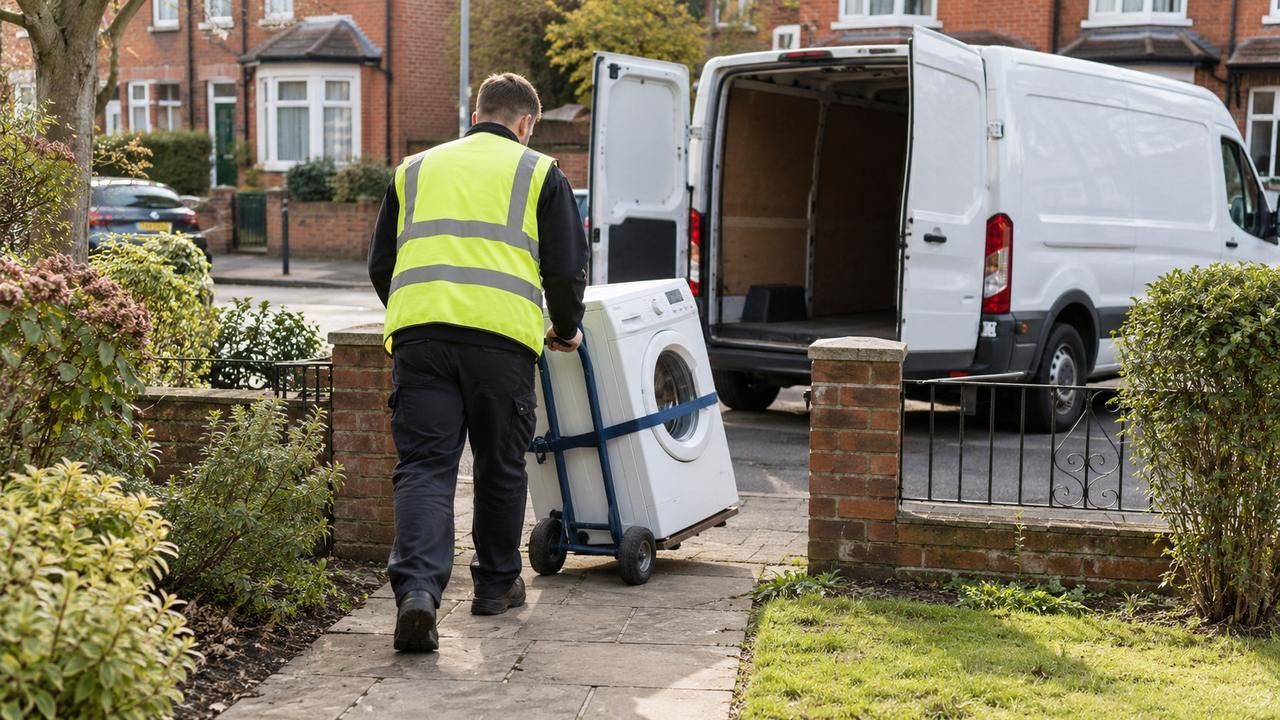 Worker wheeling a washing machine down a garden path to a van