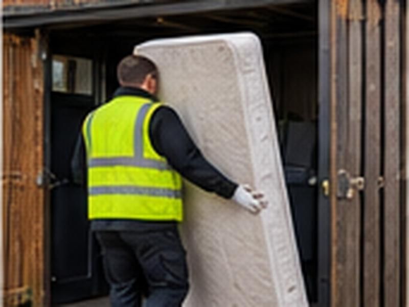 Worker carrying a dumped mattress out of a bin store