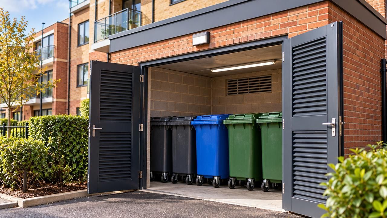 Tidy bin store at a block of flats with the doors open