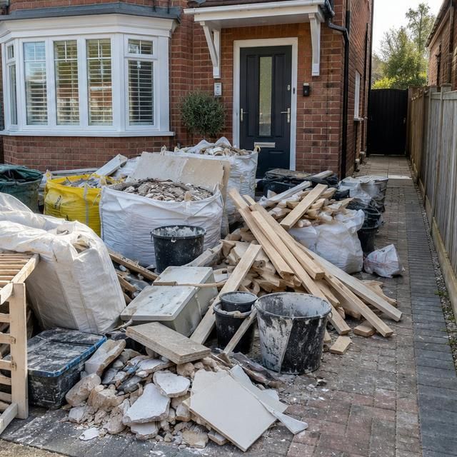 Before: plasterboard, timber and rubble piled on a driveway