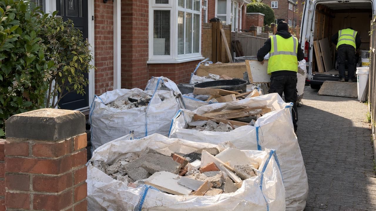 Bulk bags of rubble and plasterboard on a driveway with a van being loaded