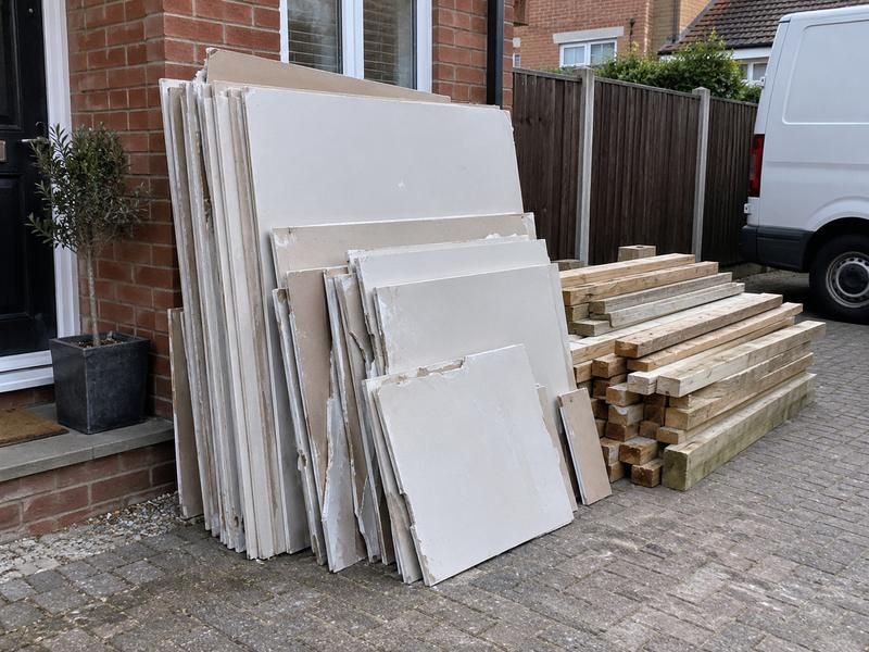 Plasterboard sheets and timber offcuts stacked on a driveway