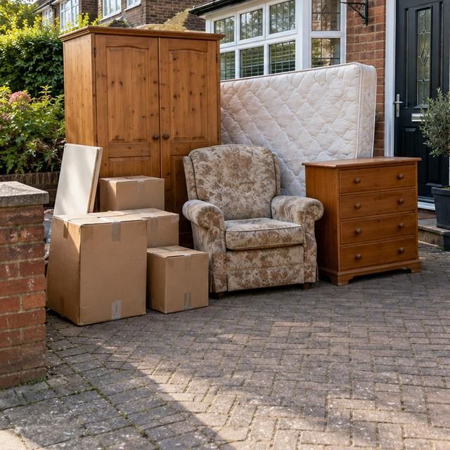 Before: a wardrobe, mattress, armchair and drawers on a driveway