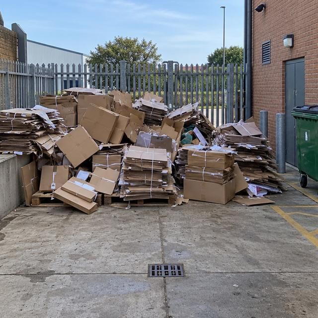 Before: loose cardboard boxes piled in a service yard