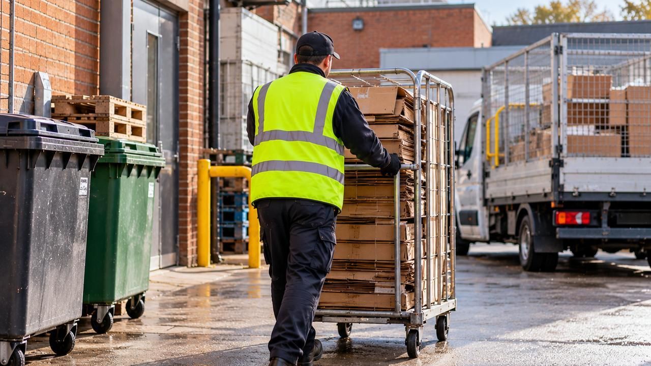 Worker wheeling a cage of flattened cardboard past commercial bins