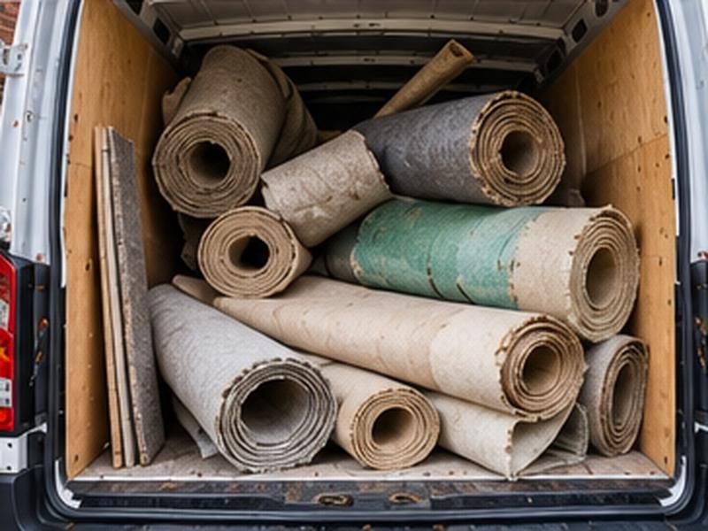 Rolled carpets and underlay loaded in a van