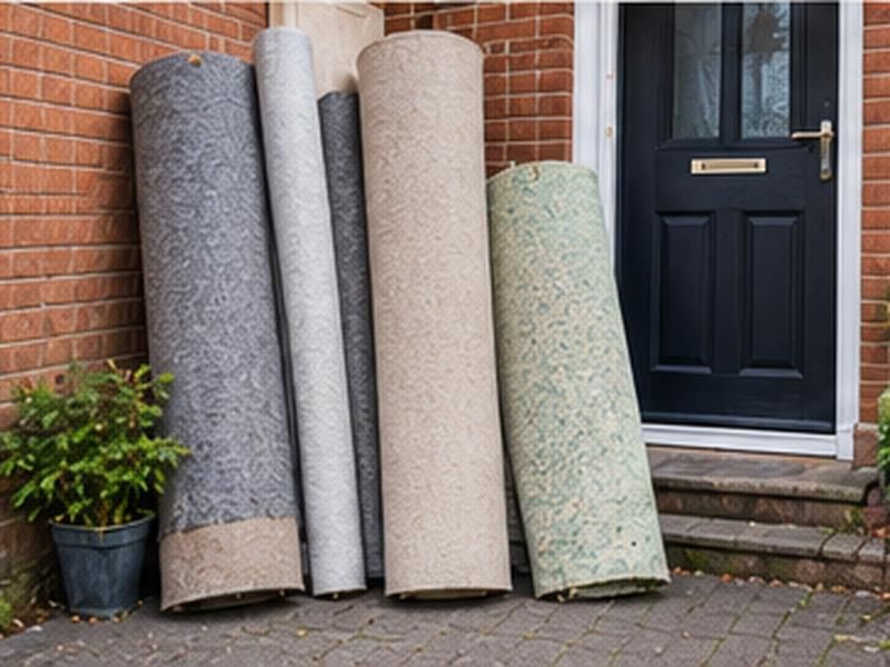 Rolled-up carpets and underlay stood beside a front door