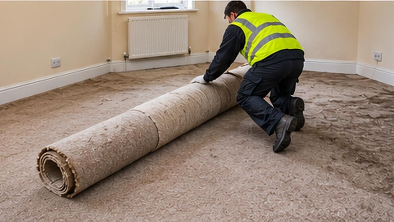 Worker rolling up an old carpet in an empty room