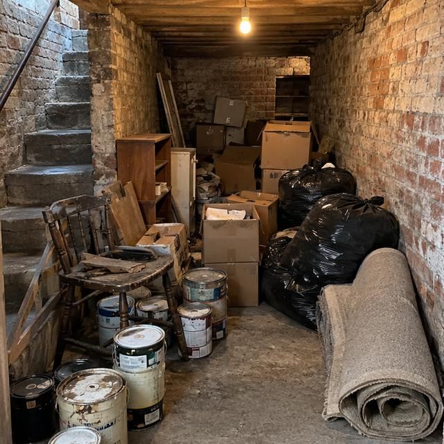 Before: a cellar full of paint tins, bags and old carpet
