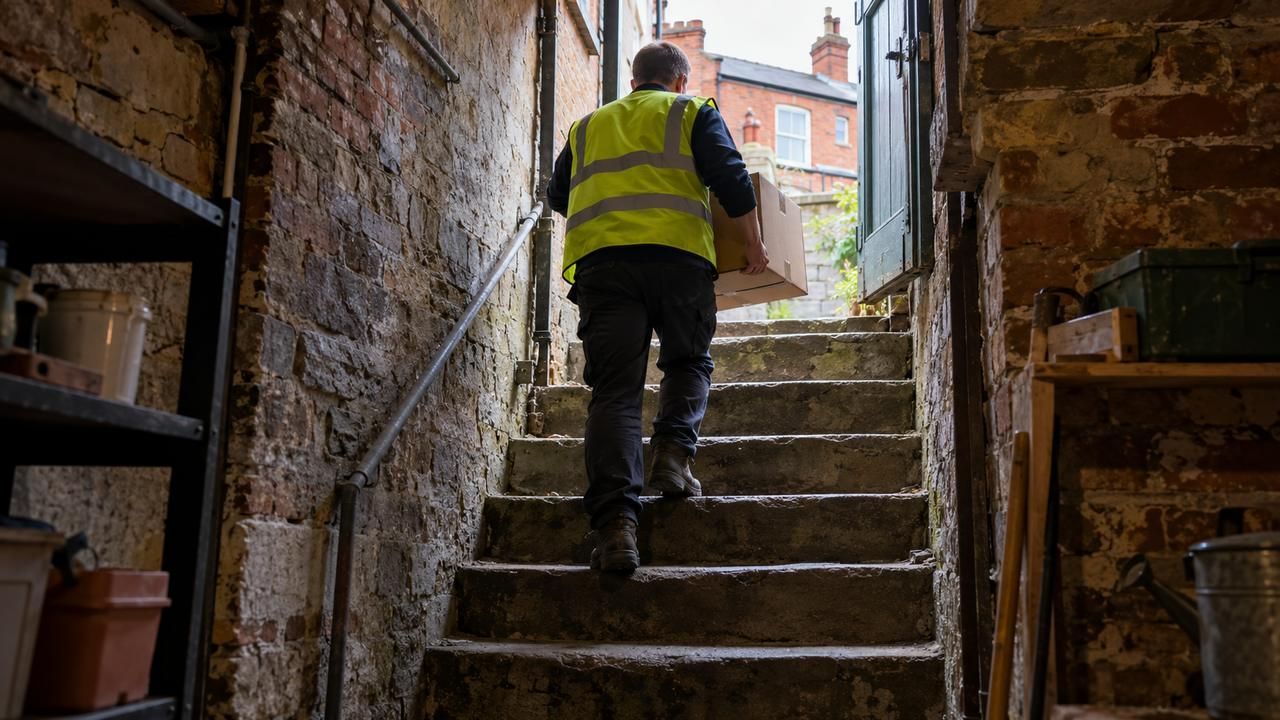 Worker carrying a box up stone cellar steps