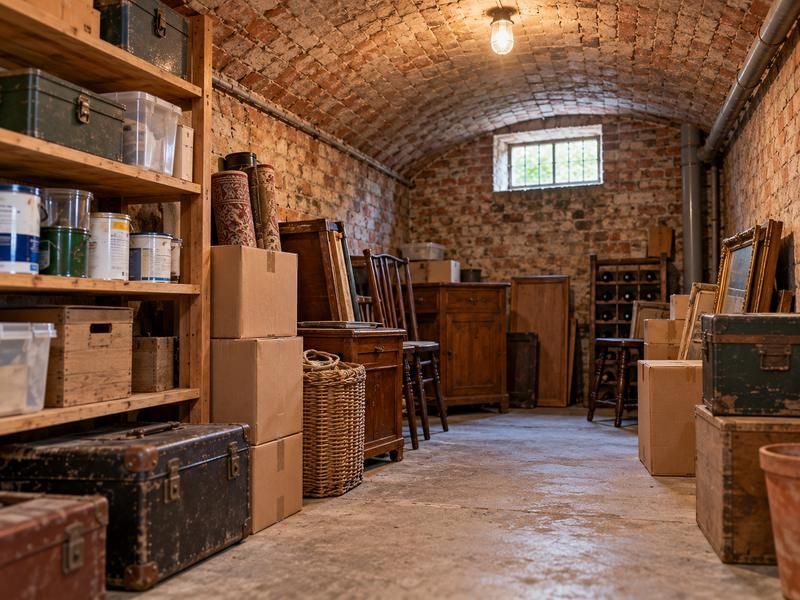 Brick cellar full of boxes, shelving and old furniture