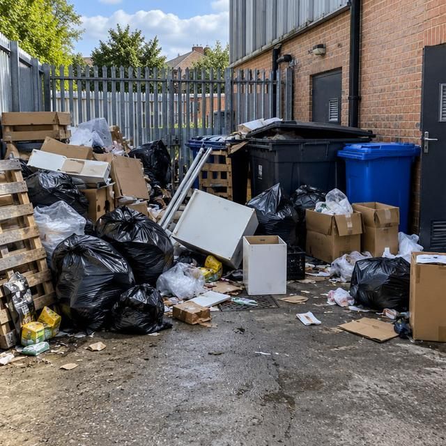 Before: bags, boxes and loose rubbish piled in a service yard