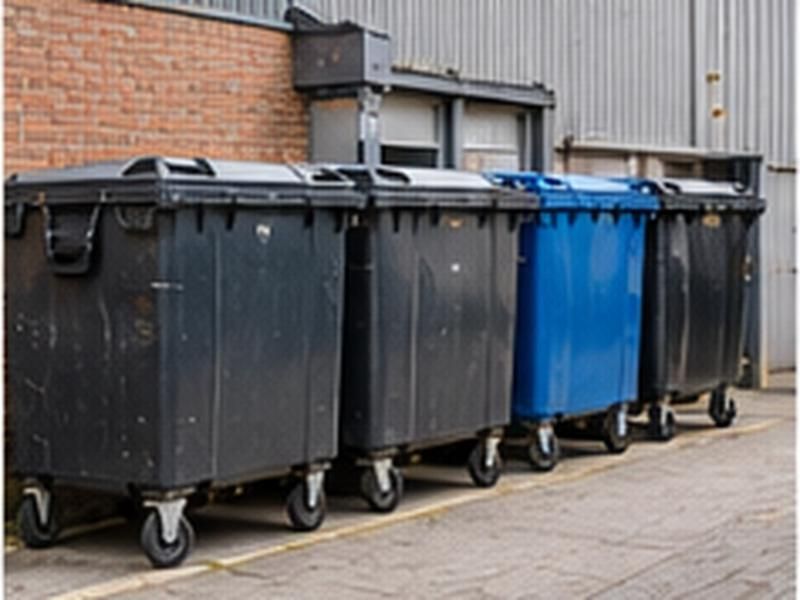 Row of large commercial wheelie bins behind a business unit