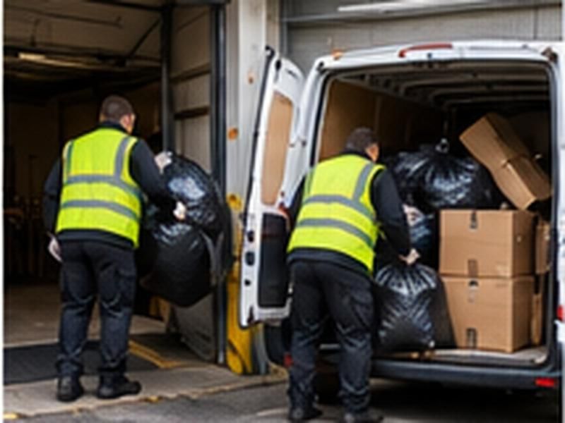 Two workers loading bags and boxes into a van at a loading bay