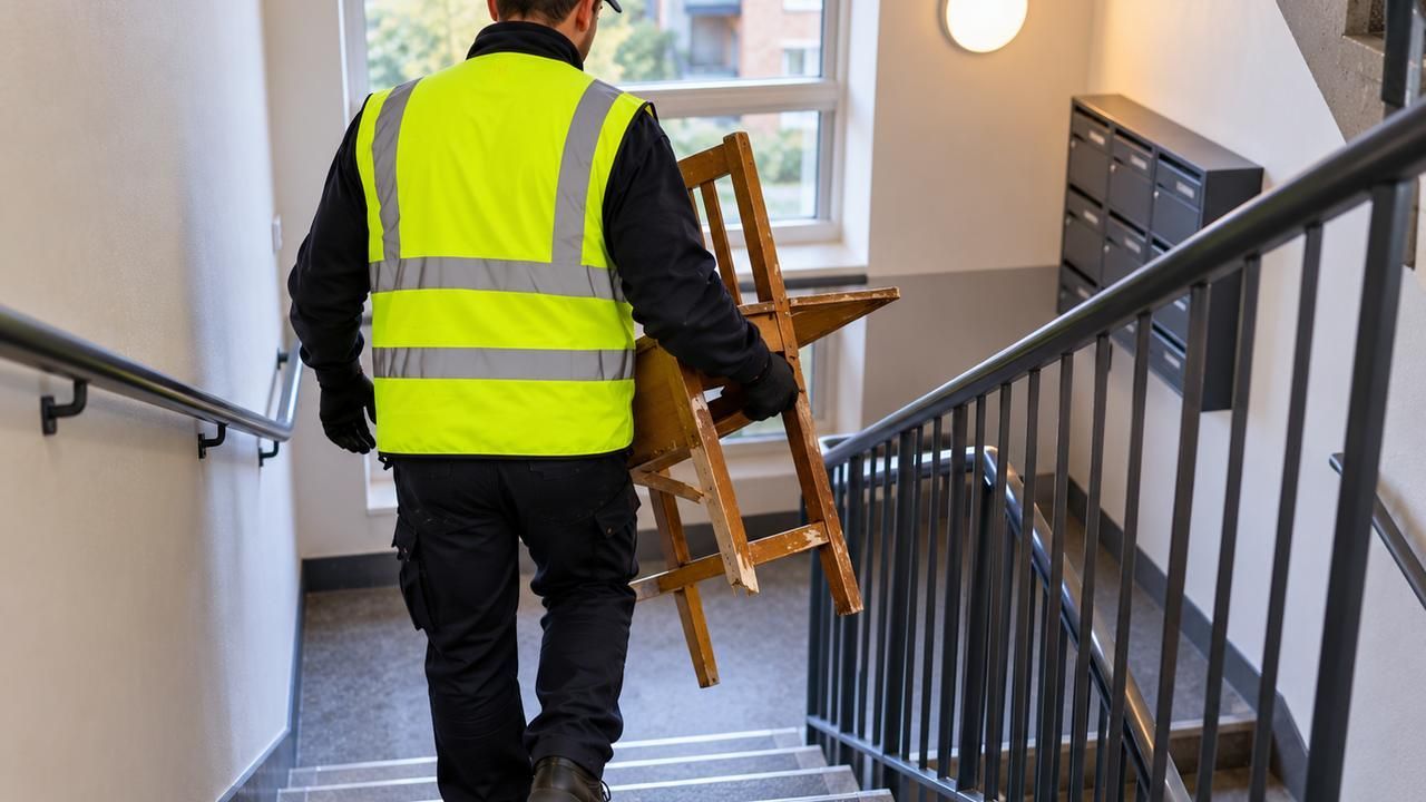 Worker carrying a chair down a communal staircase