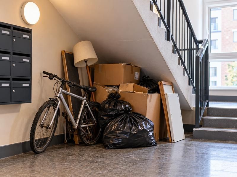 Bike, boxes and bags left under a communal staircase