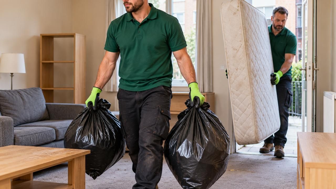 Two workers carrying bags and a mattress out of a rented flat