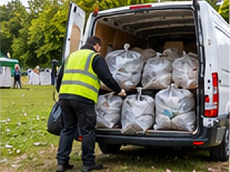 Worker loading bagged event waste into a van on a field