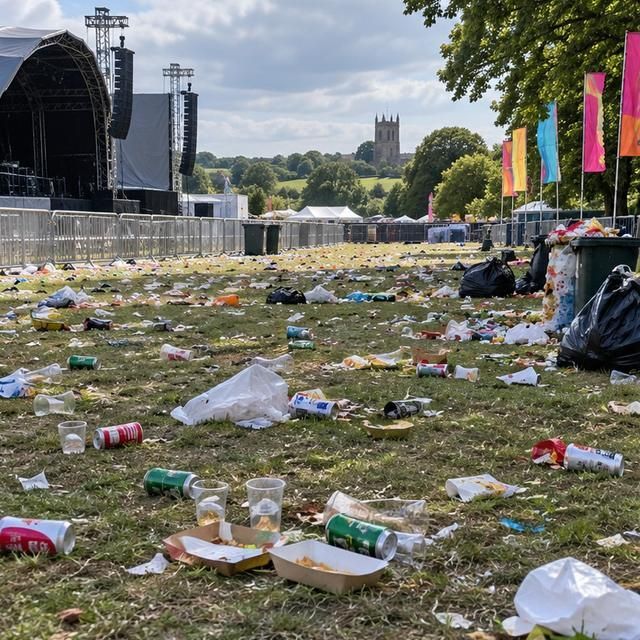 Before: litter, cups and bags left across a field after an event
