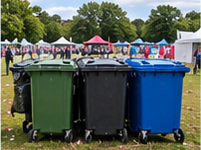 Wheelie bins lined up on grass at an outdoor event