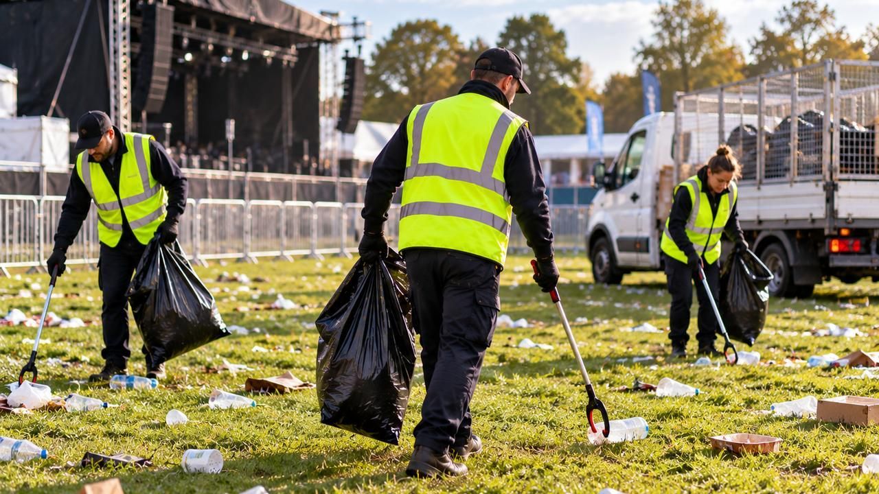 Team in hi-vis litter picking a field after an outdoor event