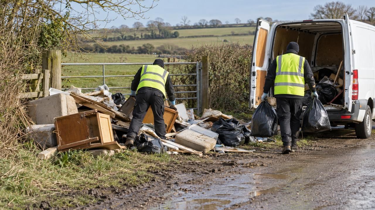 Two workers clearing fly-tipped rubbish from a lane into a van
