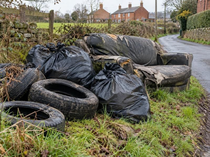 Fly-tipped bags, tyres and an old sofa dumped on a grass verge