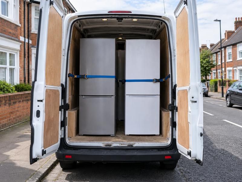 Two fridge freezers strapped upright in the back of a van