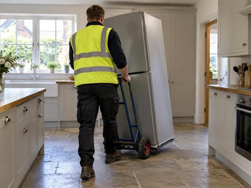 Worker moving a fridge freezer through a kitchen on a sack truck