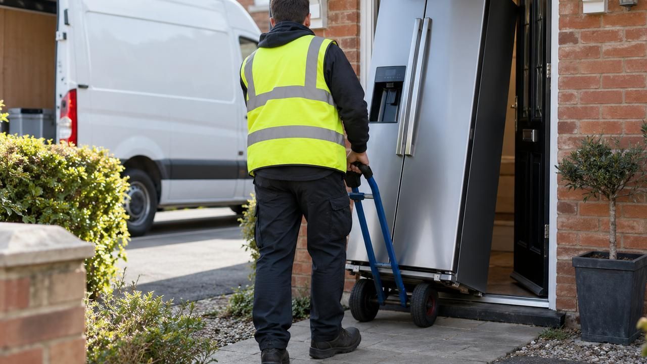 Worker wheeling an American-style fridge freezer out of a front door on a sack truck