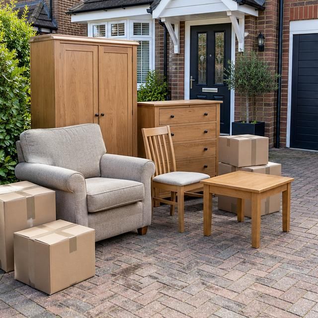 Before: a wardrobe, armchair, table and boxes on a driveway