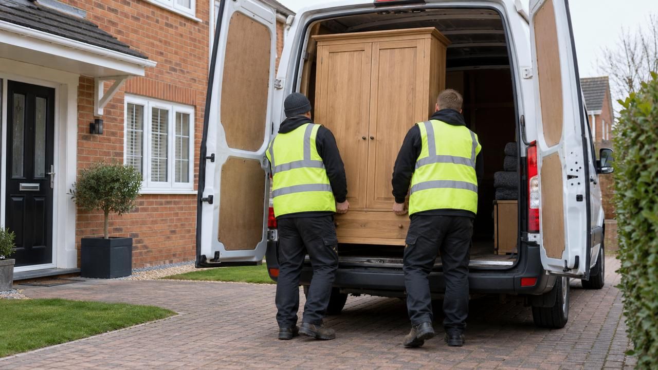 Two workers loading a pine wardrobe into a van