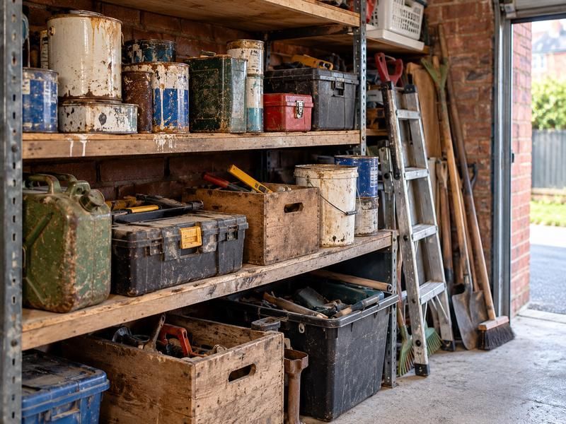 Garage shelving stacked with old paint tins, tools and boxes