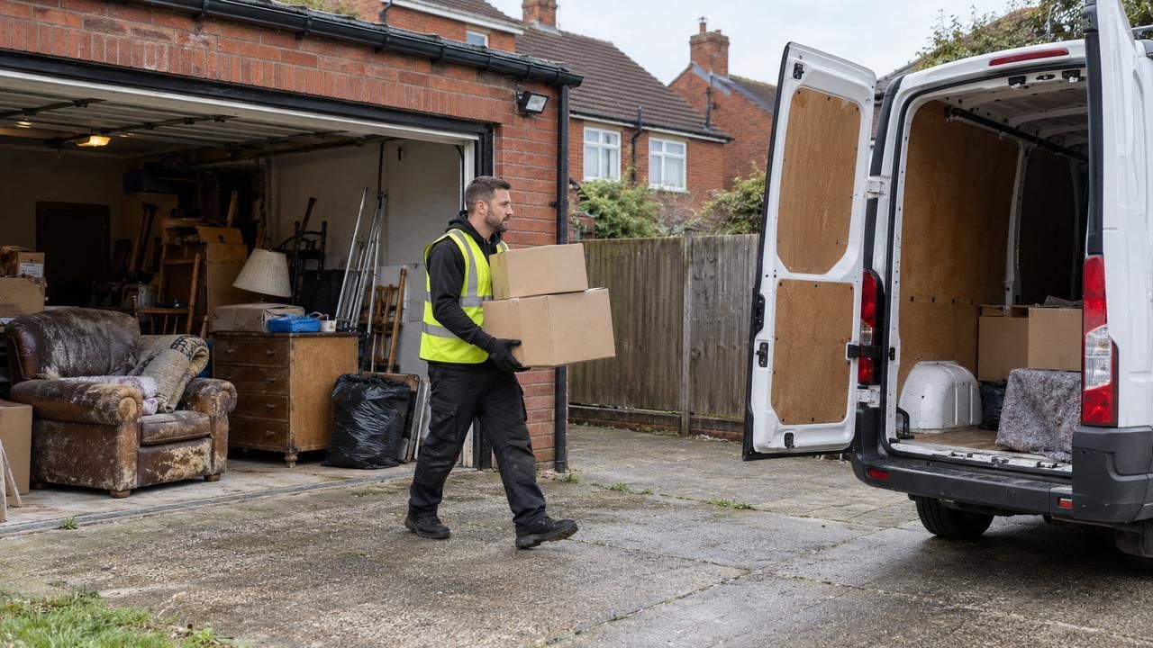 Worker carrying a box from a cluttered garage to a van on the driveway
