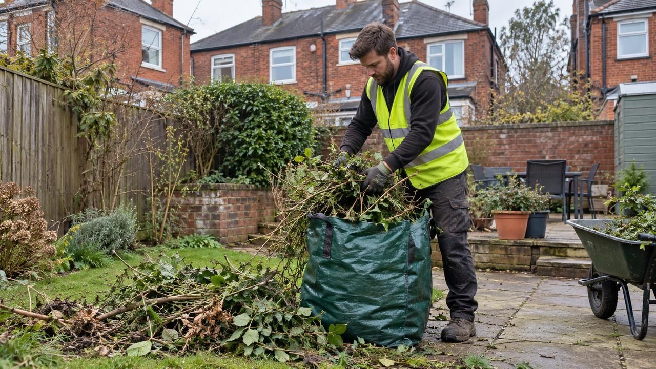 Worker in hi-vis filling a garden waste bag with cuttings in a back garden
