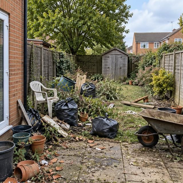 Before: a back garden with bags, broken furniture and green waste