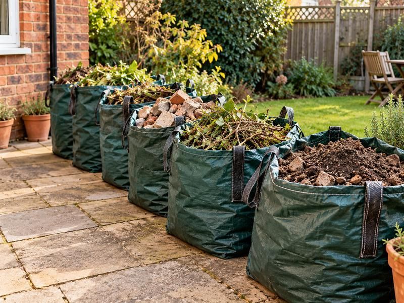 Row of garden waste bags filled with cuttings and soil on a patio