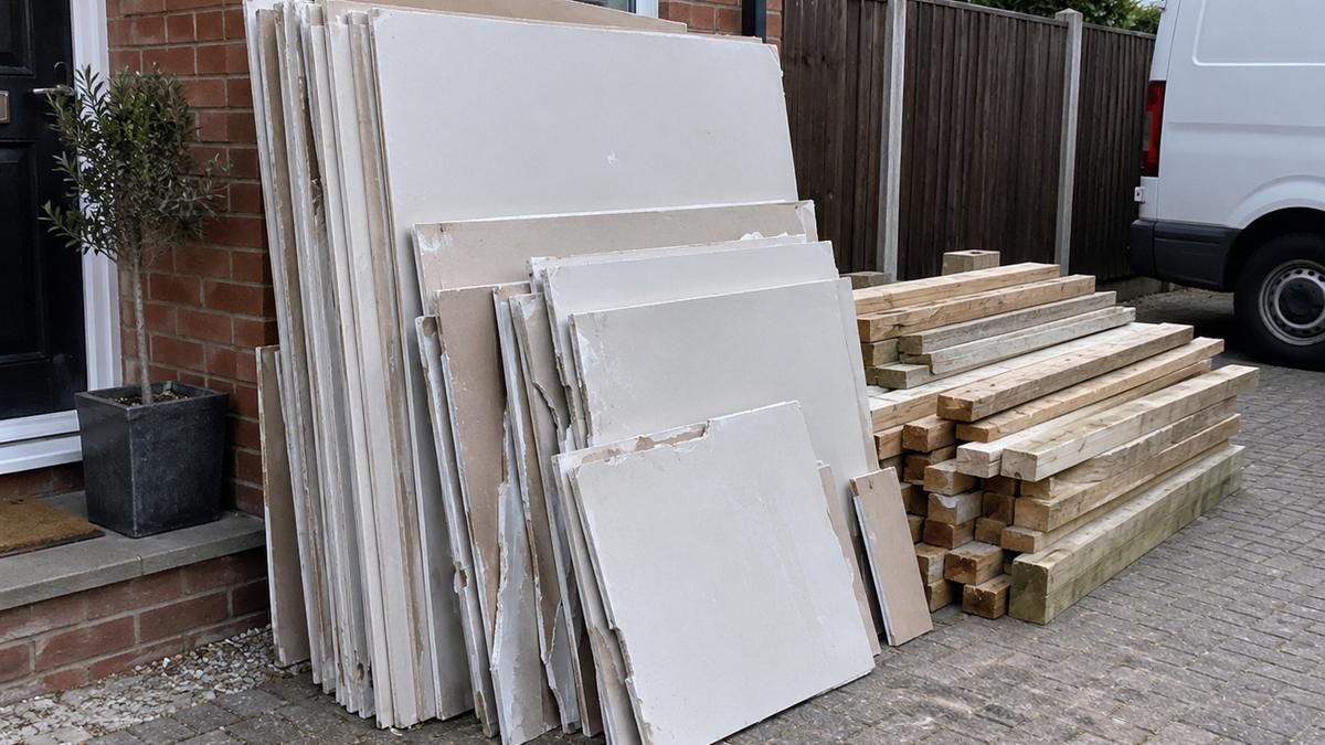 Plasterboard sheets and timber offcuts stacked on a driveway