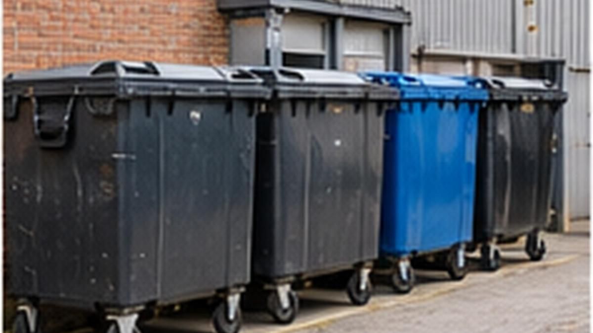 Row of large commercial wheelie bins behind a business unit