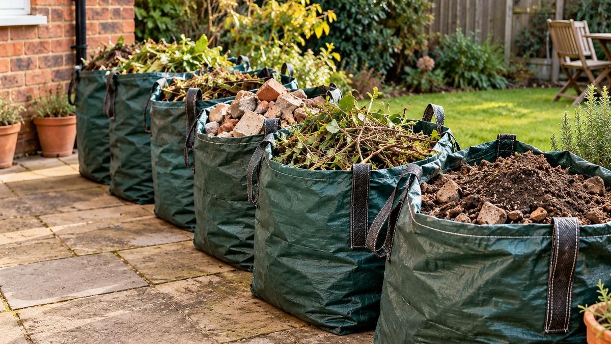 Row of garden waste bags filled with cuttings and soil on a patio