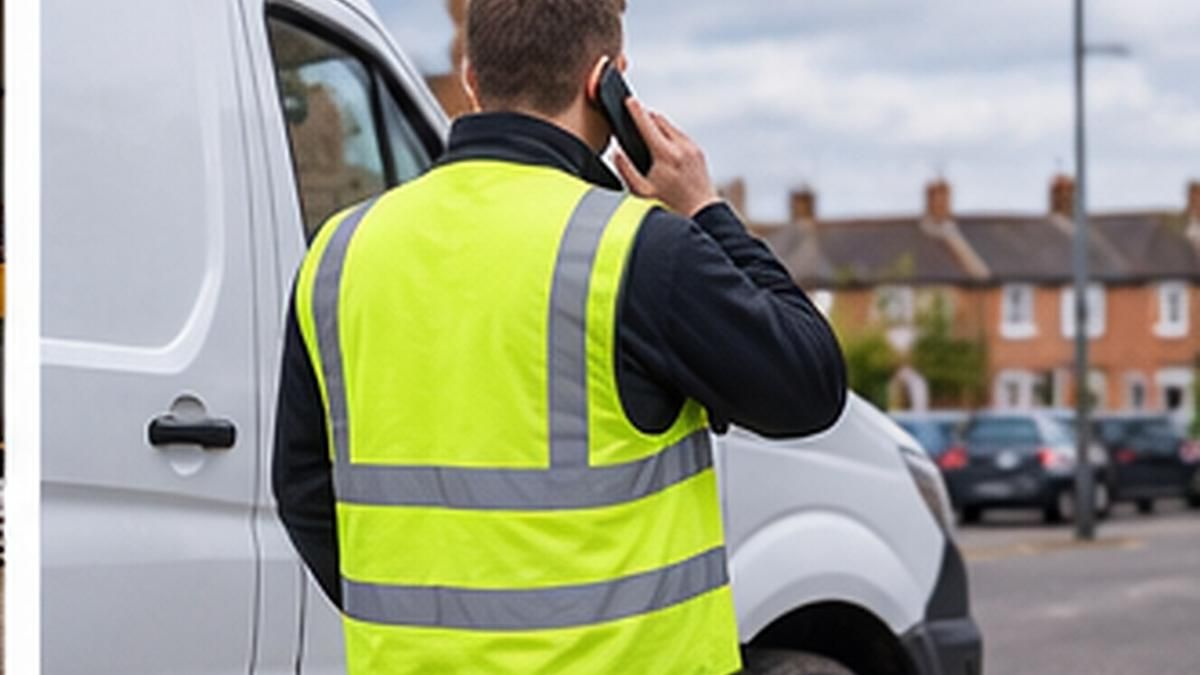 Worker in hi-vis on the phone beside a van