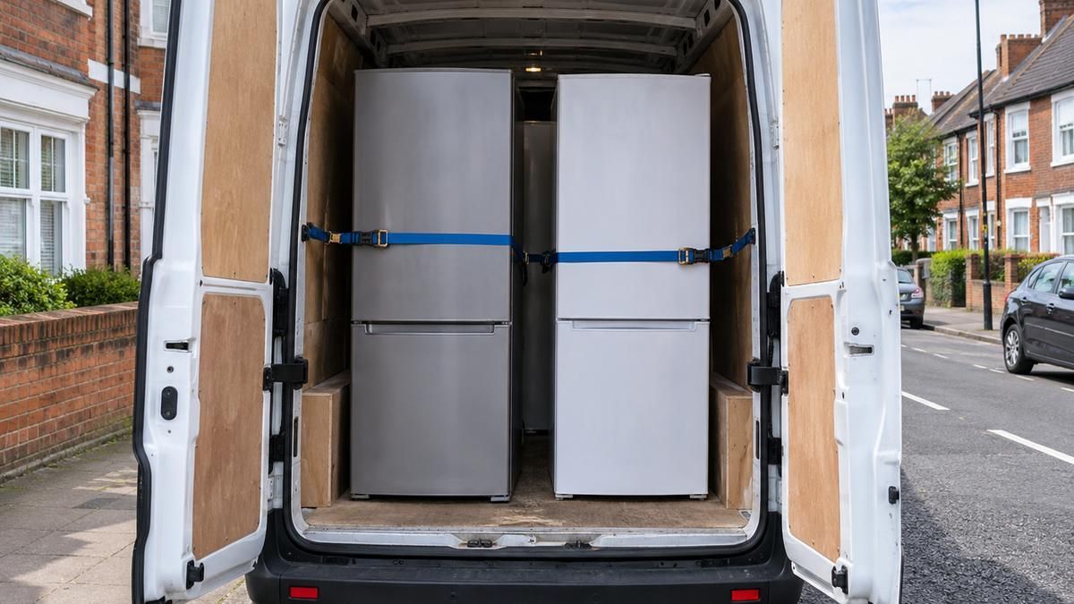 Two fridge freezers strapped upright in the back of a van