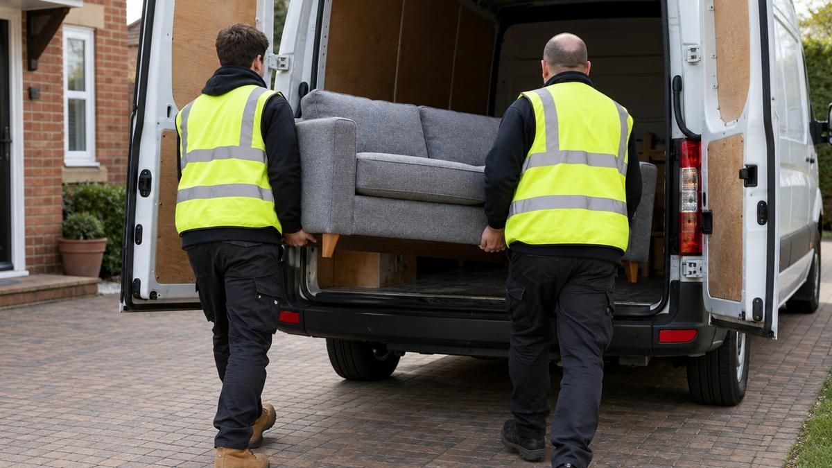 Two workers lifting a sofa into the back of a van