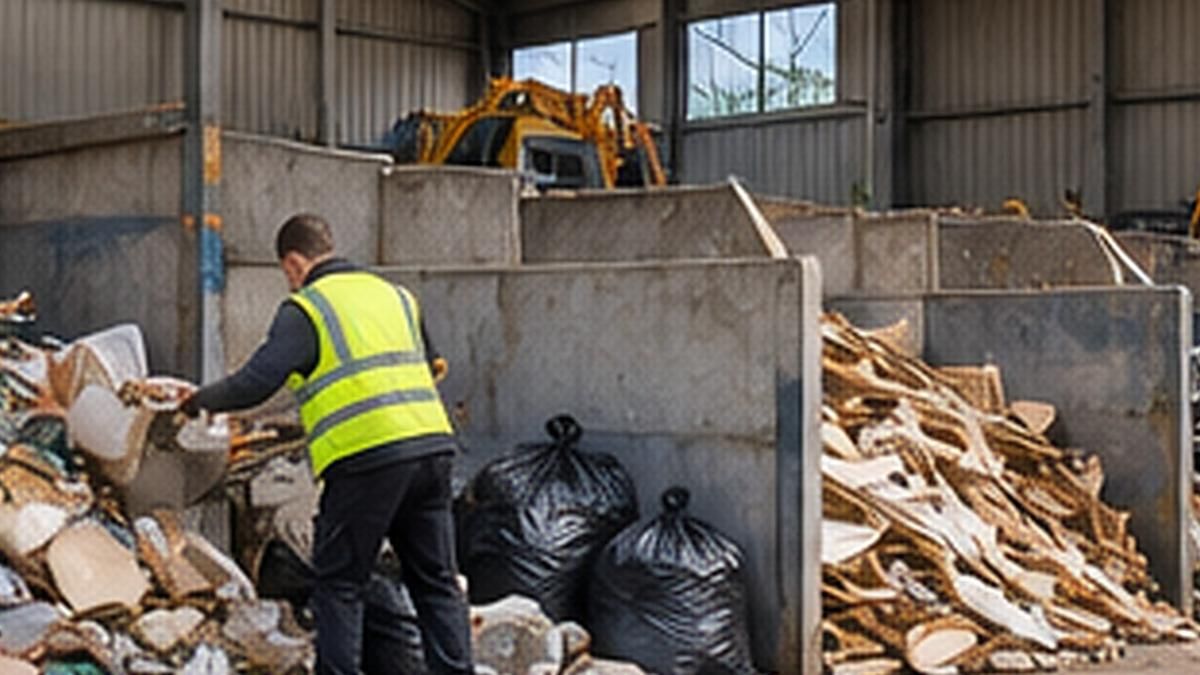 Worker sorting waste into bays at a transfer station