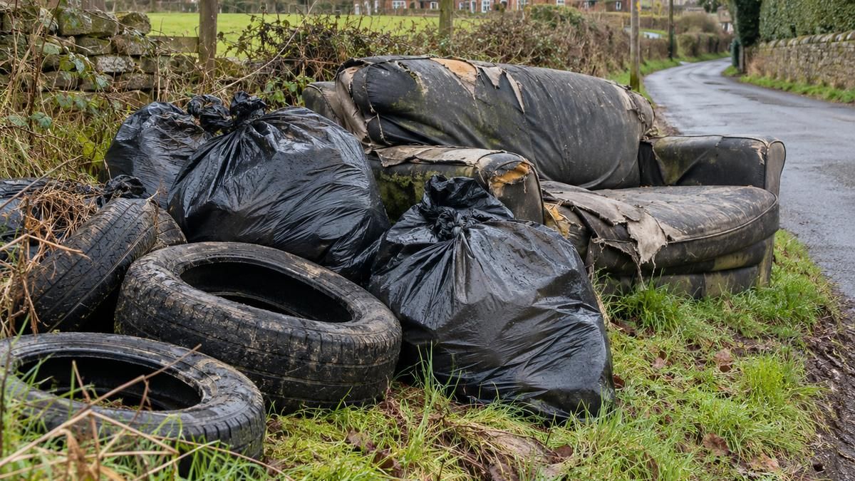 Fly-tipped bags, tyres and an old sofa dumped on a grass verge