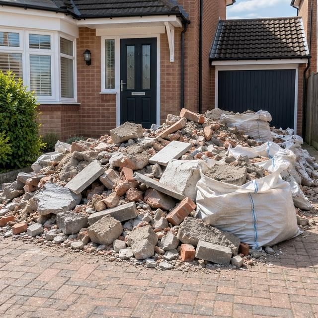 Before: a heap of bricks and rubble on a driveway