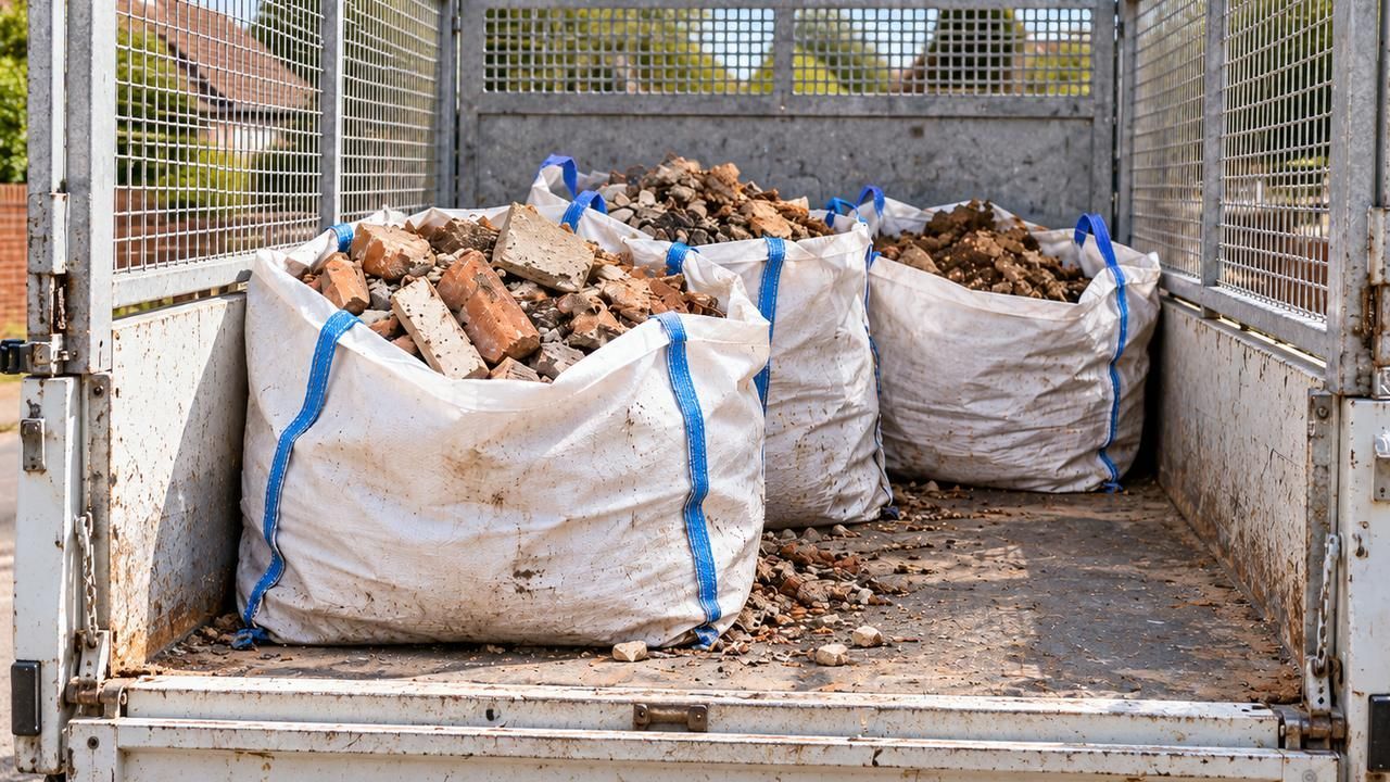 Bulk bags of broken bricks and rubble loaded on a tipper truck