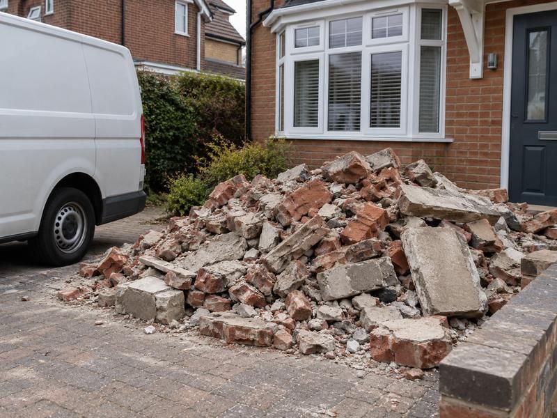 Pile of broken bricks and concrete on a driveway