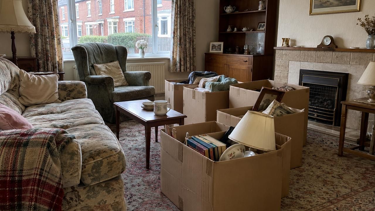 Living room part way through a house clearance, with boxes packed and furniture ready to go