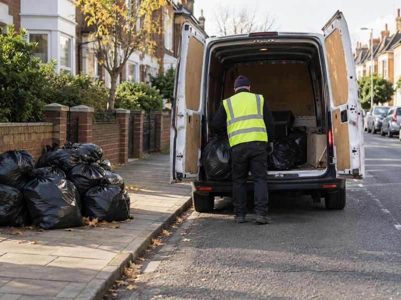 Worker loading black bags into a van at the kerbside